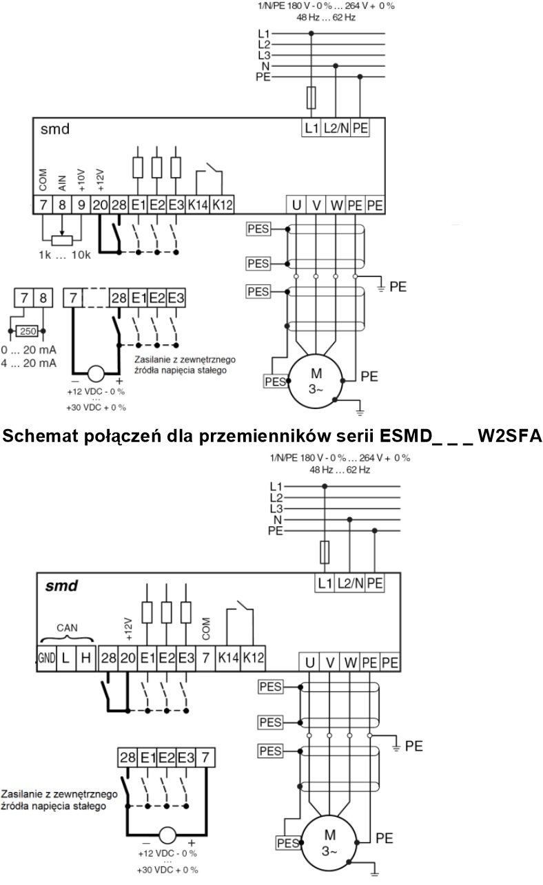 schemat LENZE ESMD371X2SFA 0,37 kW 230V z filtrem